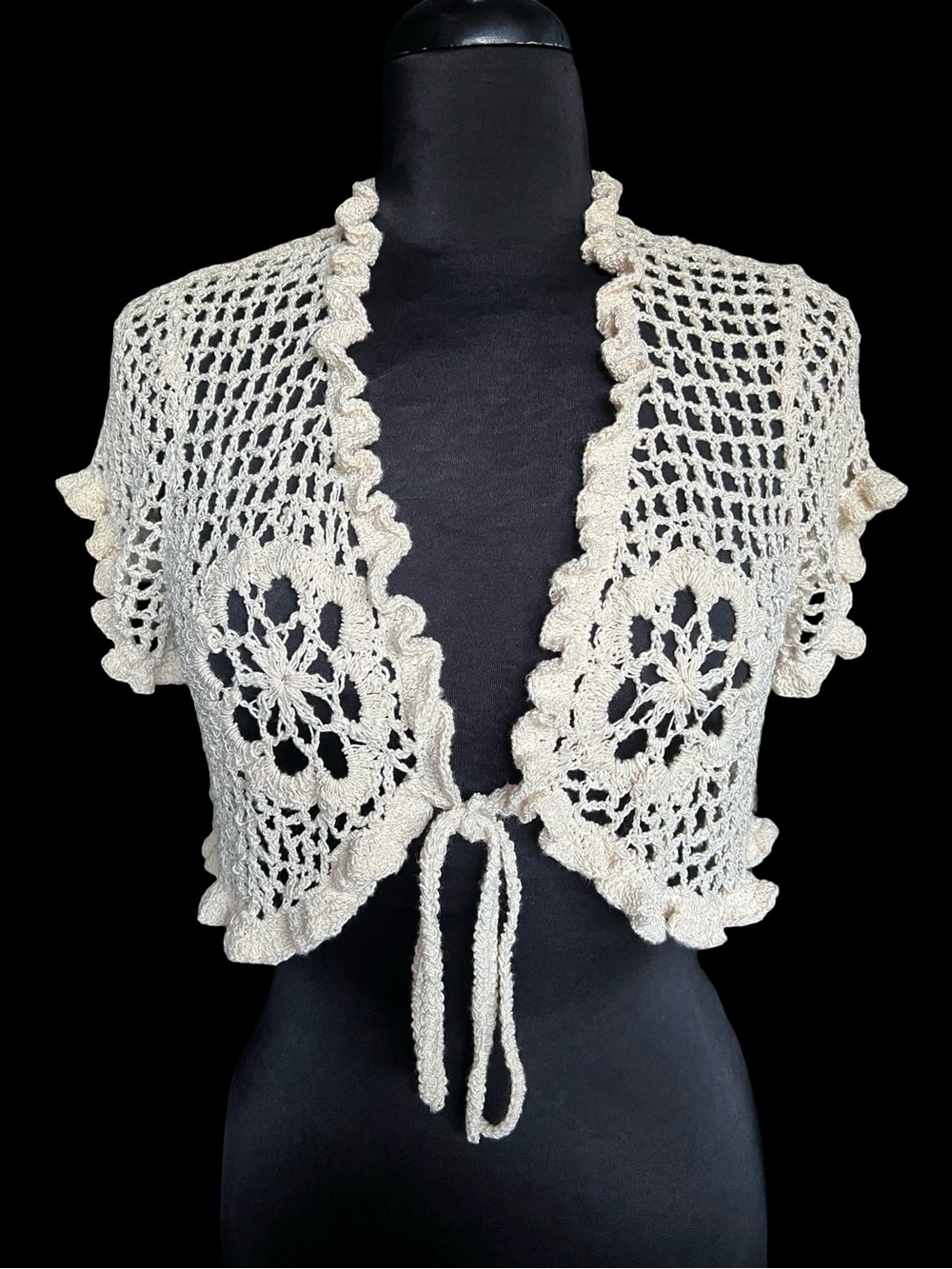 Robert Rodriguez Ivory White Crochet Tie-Front Bolero Shrug Crop Top
